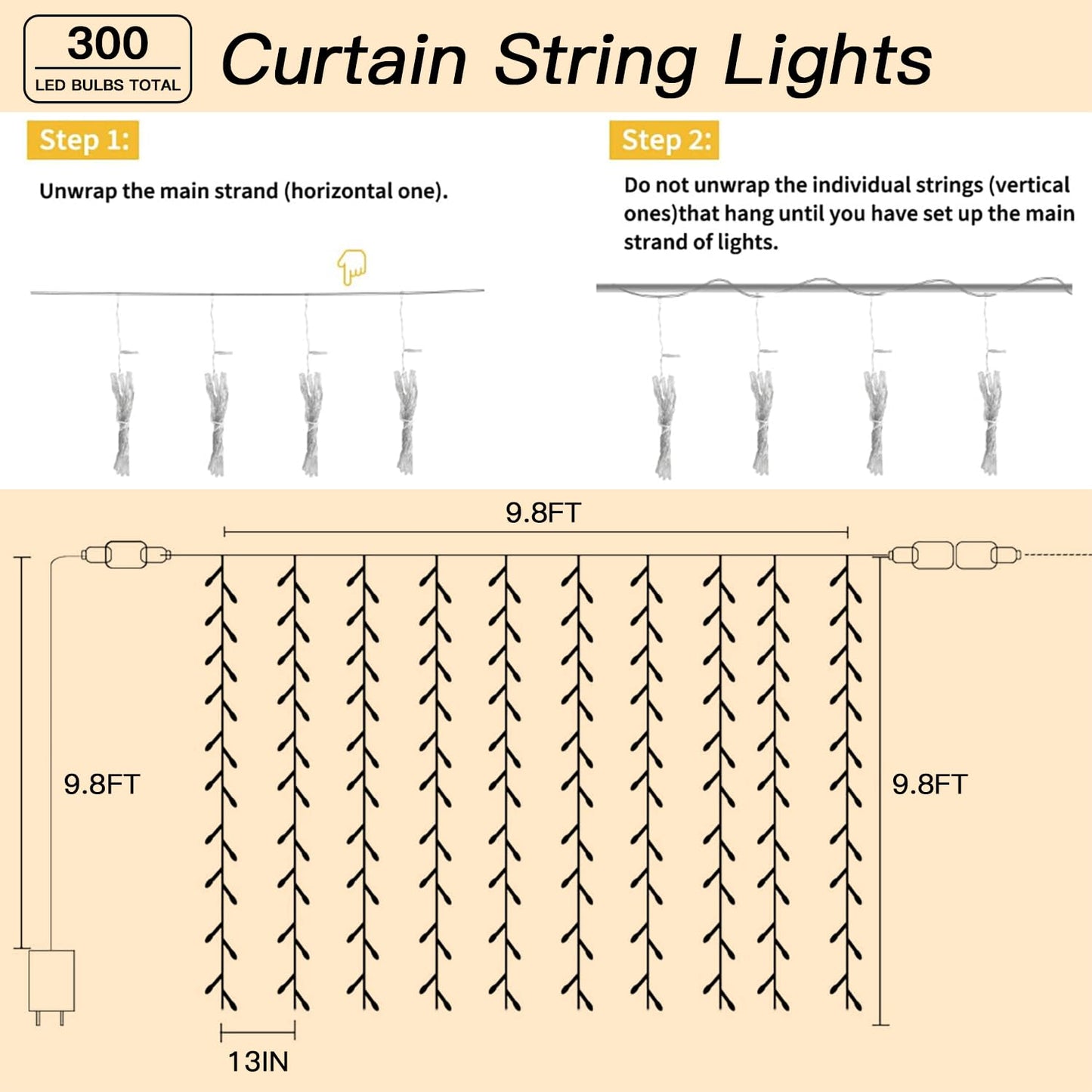 Soagrc 300 LED Warm White Curtain String Lights 9.8x9.8FT, Plug in Fairy Lights with 9 Hooks, Dimmable, Timer & 8 Modes, IP44 Waterproof, Bedroom Wall Wedding Backdrop Christmas Indoor Outdoor Decor