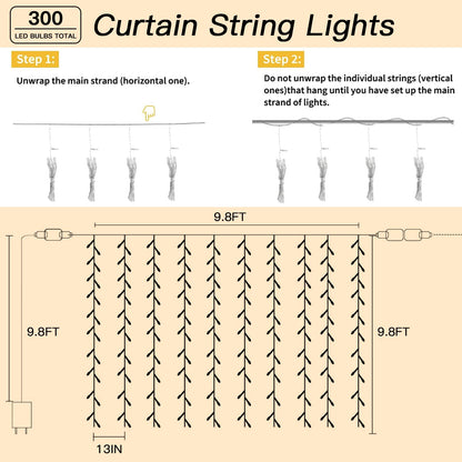 Soagrc 300 LED Warm White Curtain String Lights 9.8x9.8FT, Plug in Fairy Lights with 9 Hooks, Dimmable, Timer & 8 Modes, IP44 Waterproof, Bedroom Wall Wedding Backdrop Christmas Indoor Outdoor Decor