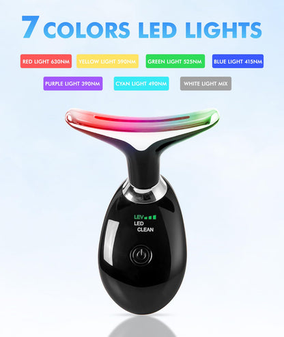 Red-Light-Therapy-for-Face-and-Neck, 7 Color Face Massager Tool for Wrinkles, Double Chin, Vibrating Facial Massager with Thermals for Skin Care, Glossy Pink