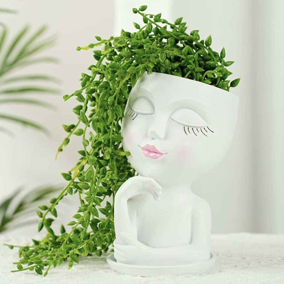 EMINGSKY Cute Lady Face Planter Pot - 1PC Sleeping Beauty Resin Succulent Pot with Drainage Holes, Indoor Outdoor Head Planter for Coffee Table/Garden Balcony Decor (White)