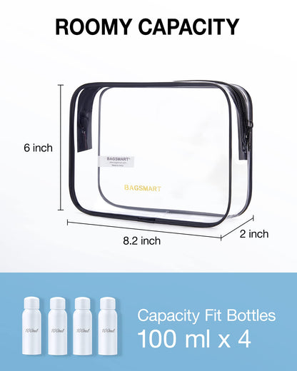 BAGSMART Clear Toiletry Bag, 2 Packs TSA Approved Water resistant Quart Size Travel Organizer, Airport Airline Travel Essential Carry On Makeup Cosmetic Bags for Women, Black