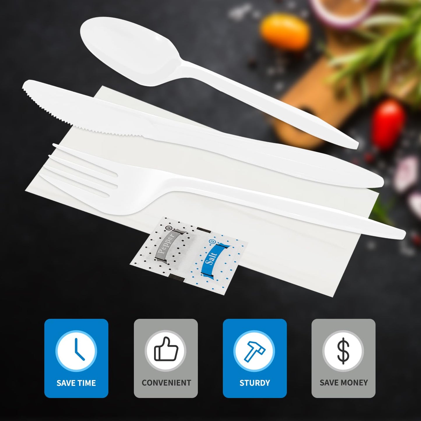 50 Pack Knife Fork Spoon Napkin Salt Pepper Sets, Individually Wrapped White Plastic Cutlery Packets for Delivery, Cafeterias, Restaurants