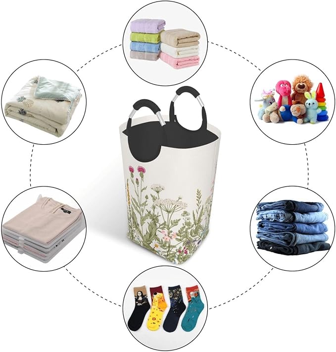 Vintage Floral Plants Laundry Basket Wild Flowers Herbs Foldable Collapsible