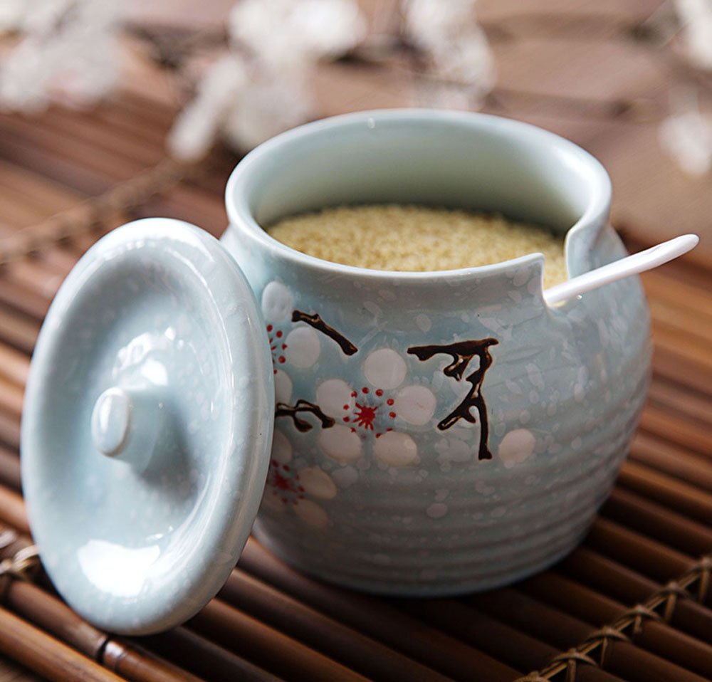 Ceramic Flower Sugar Bowl Seasoning Pot Salt Pepper Storage Jar