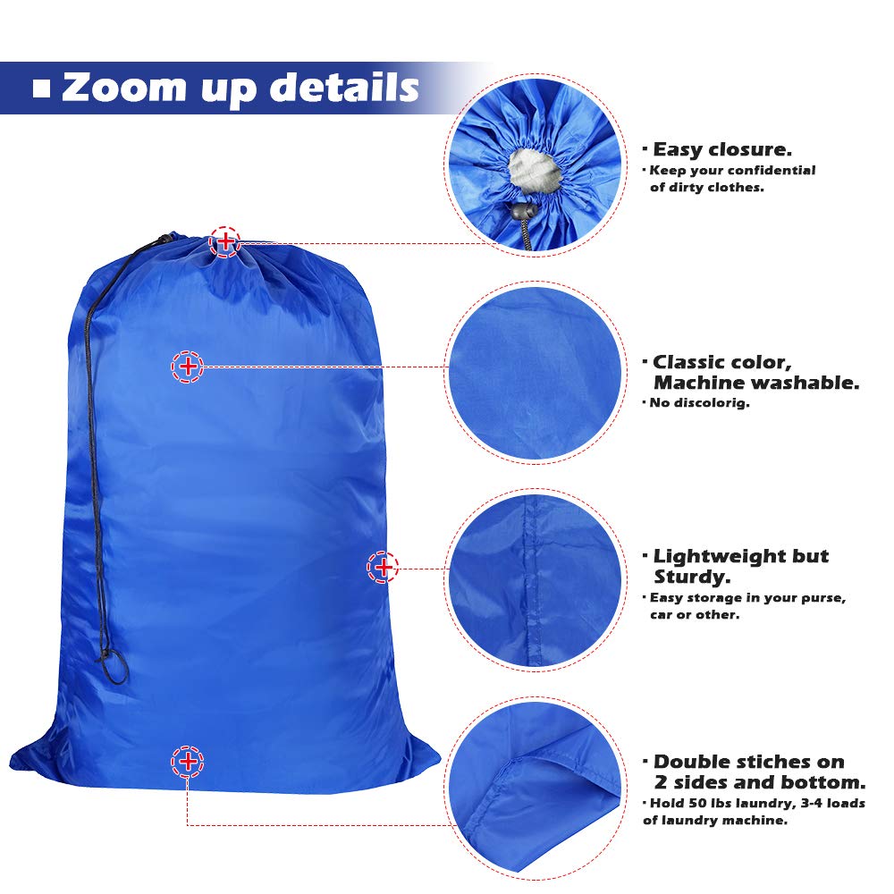 UniLiGis Washable Travel Laundry Bag with Drawstring, Large Dirty Clothes Bag Fit a Laundry Basket or Clothes Hamper, Enough to Hold 4 Loads of Laundry,26x39 inches (RoyalBlue Black Grey)