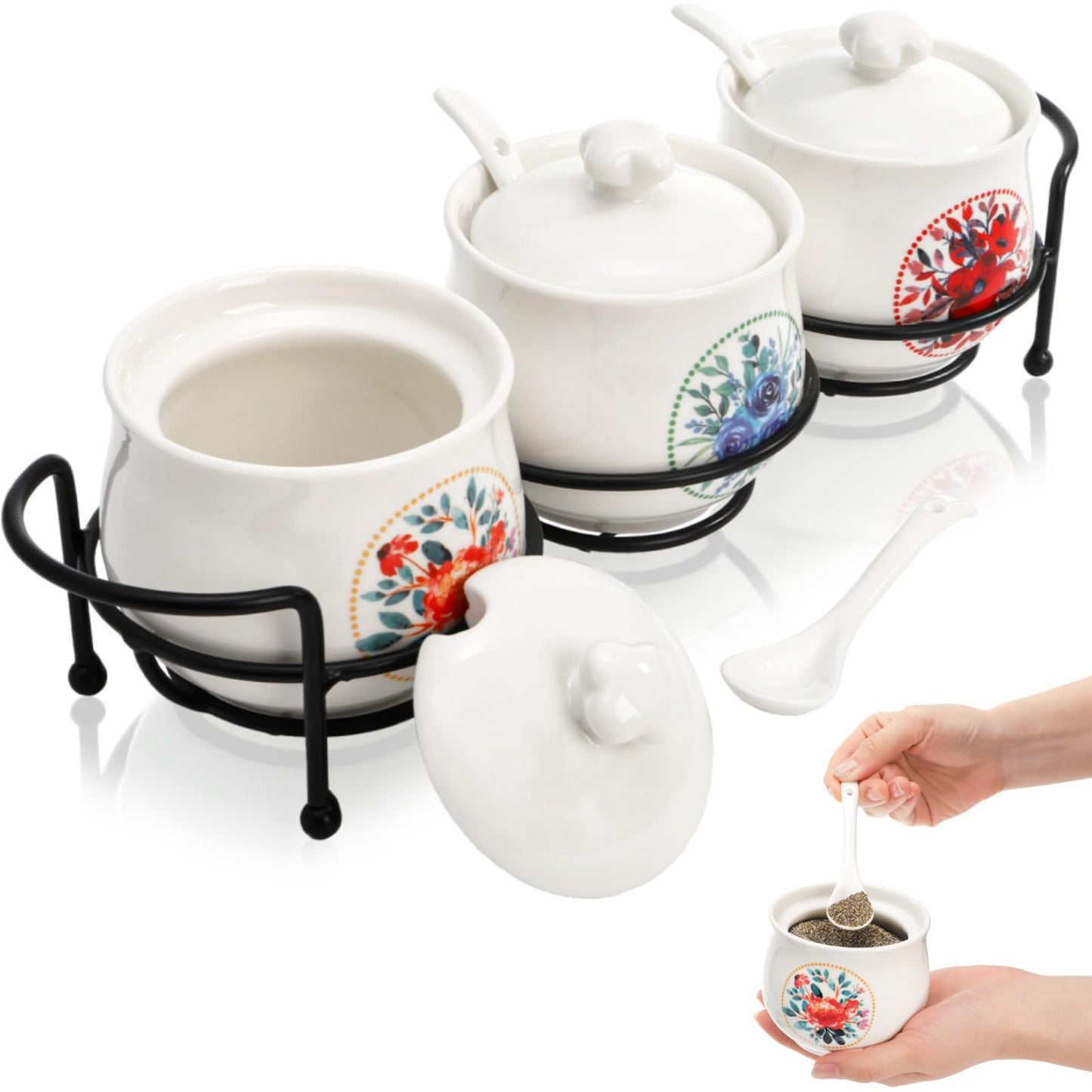 ELFULLY 3 Pcs Ceramic Condiment Jars, 7 Oz Small Sugar Bowls with Lids Spoons and Shelf, Round Spice Container Pot Set for Salt Pepper, Empty Seasoning Box for Kitchen Restaurant Home, White