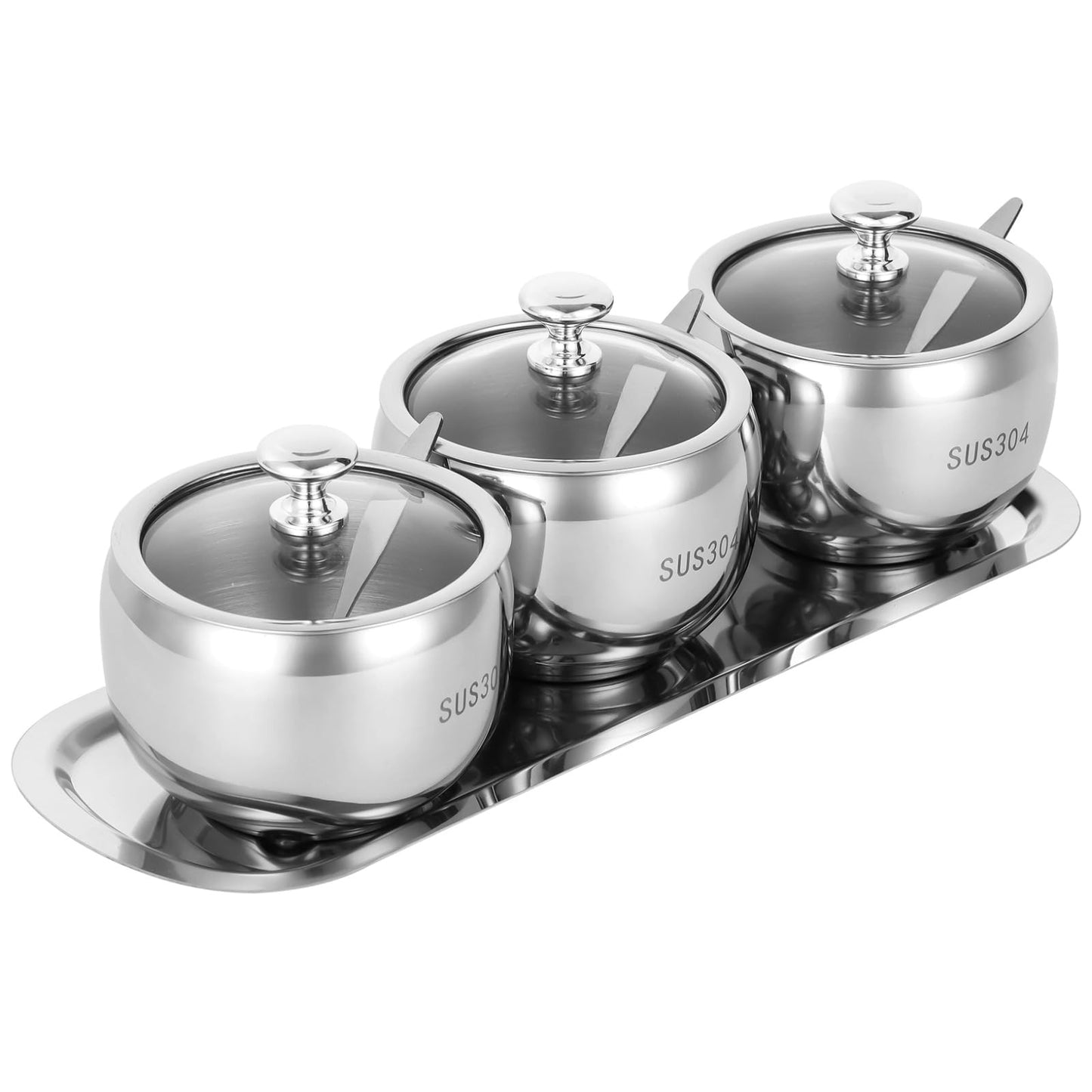 COSYOO 3 Pcs 304 Stainless Steel Seasoning Container Set with Tray, Includes Spoon Lid for Each Jar, Spice Pots on Tray, Ideal for Home Kitchen Storage of Salt, Sugar, Pepper