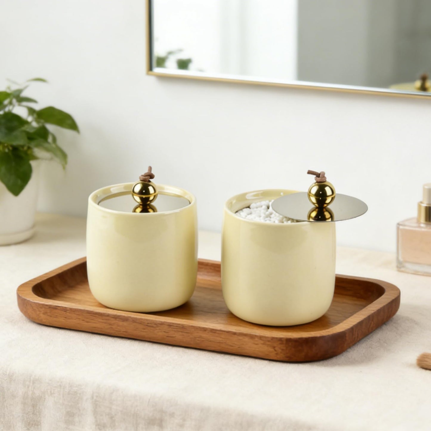 Ceramic Qtip Holder Dispenser with Gold Lids 2 Pack, Yellow Apothecary Jars Bathroom Vanity Organizer for Home Decor Bathroom Canister for Cotton Swabs, Rounds, Balls, Makeup Sponges, Bath Salts