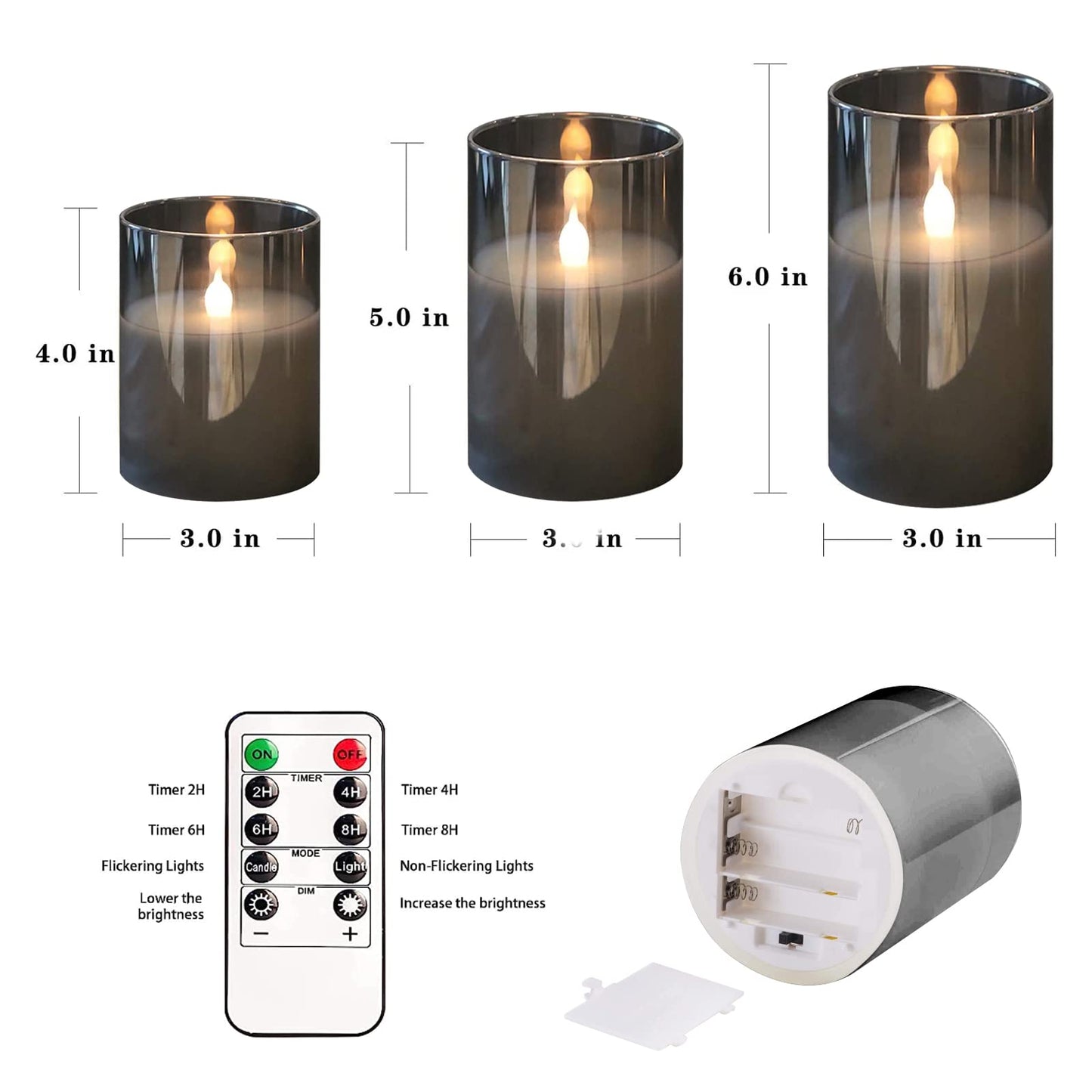 HIYAA LED Flameless Candles, Gray Glass Battery Operated Candles Flickering with Remote, 3D Wick Realistic Warm Light LED Candles Flickering with Timer for Wedding Party Christmas Decoration
