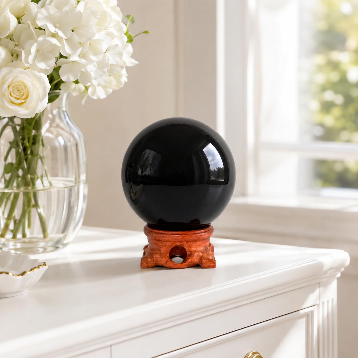 Lodkksg Black Obsidian Crystal Ball 90mm (3.54-inch) with Wooden Stand — Natural Polished Black scrying Ball, Suitable for Meditation and Home Decor.