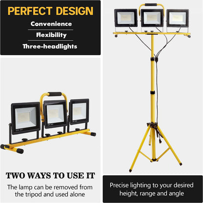 22000 Lumen Work Lights with Stand, 3 Adjustable Head LED Work Light, with Adjustable and Foldable Tripod Stand, Waterproof Lamp with Individual Switch with 6500 Kelvin Color Temperature 2Pack