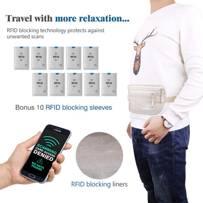 Travel Money Belt for Men Women RFID Blocking Concealed Waist Wallet Pouch Hidden Under Clothes Passport Holder Antitheft Waist Stash Bag for Travelling, Bonus 10 Credit Card Sleeves, Cream