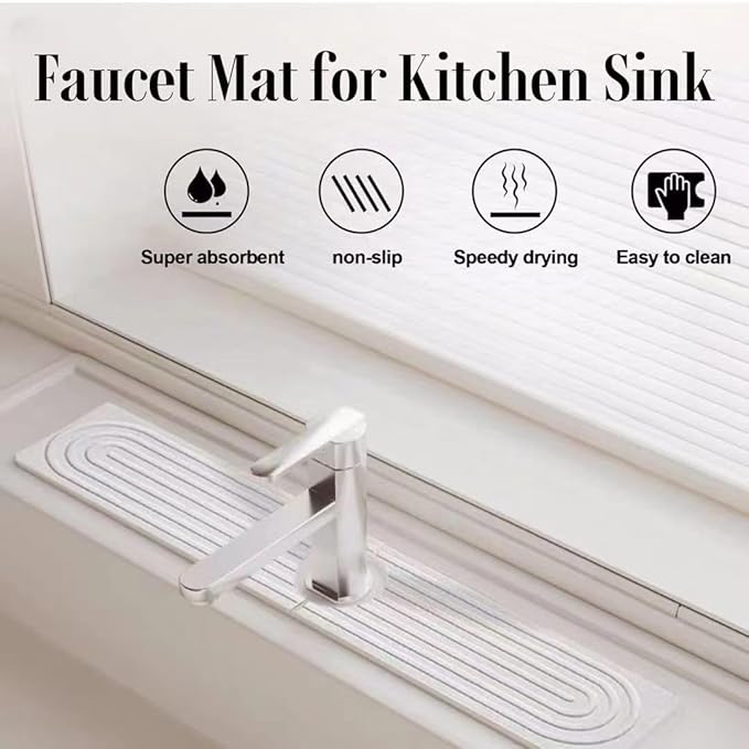 Stone Faucet Mat for Kitchen Sink, 15.7'' Long Absorbent Diatomite Sink Faucet