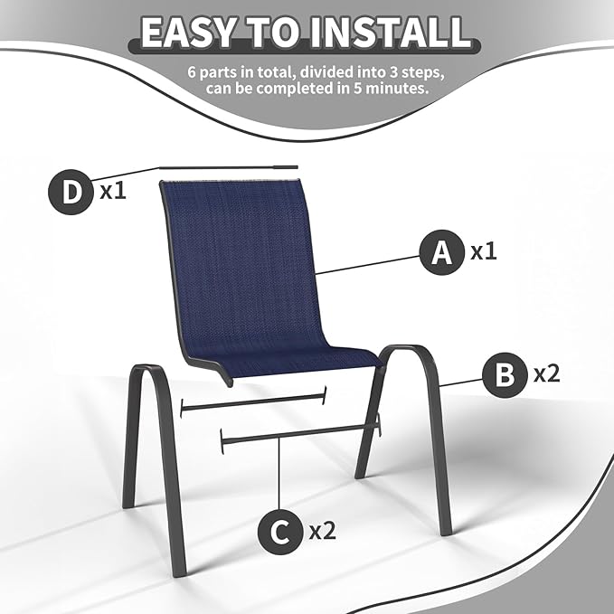 Patio Dining Chairs Set of 6, Outdoor High Stacking Chairs，Breathable Seat Fabric and Alloy Steel Frame for Backyard, Porch, Garden, Sunroom (Blue)