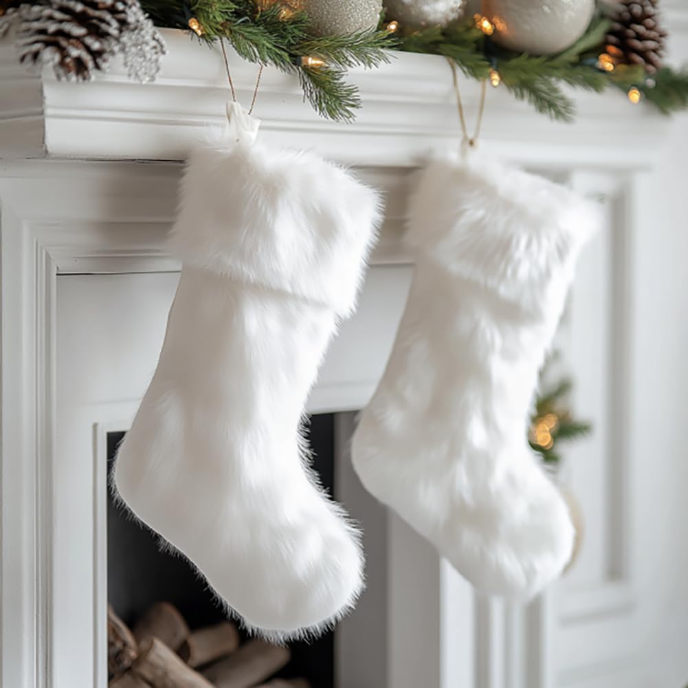 AOGU 3 Pack 18 Inch Snowy White Christmas Stockings Faux Fur Xmas Christmas Stockings Hanging Ornaments Candy Gift Bags for Christmas Decorations