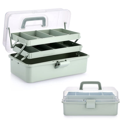 BTSKY 3-Layer Plastic Dividing Storage Box Craft Organizer and Storage with Adjustable Spacers Portable Handled Art Supply Organizer Multipurpose Home Utility Box for Medicine Sewing(Haze Green)