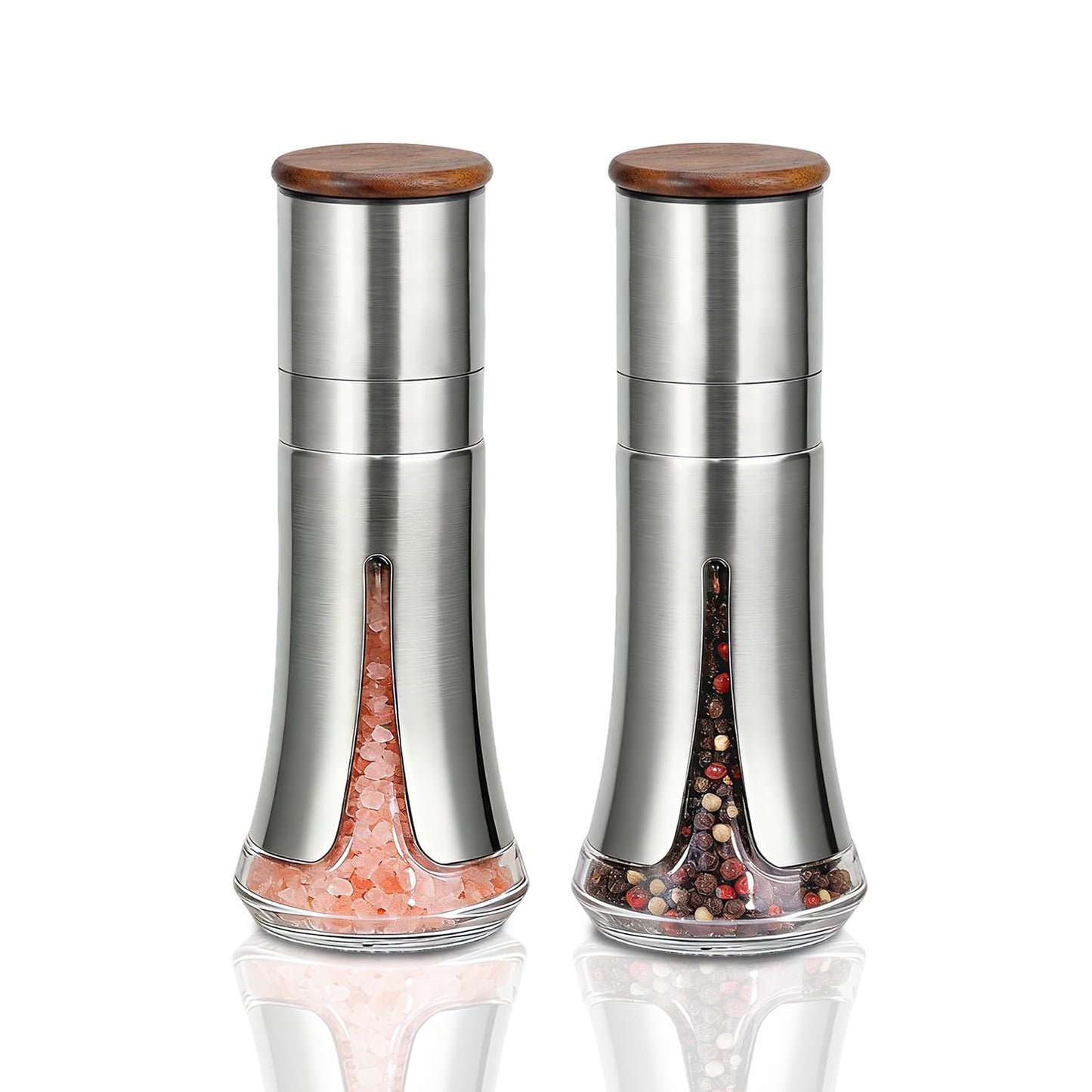Aelga Salt and Pepper Grinder Set Manual - 4oz Stainless Steel Pepper Mill with 5-Level Adjustable Coarseness, Refillable Glass Salt Grinder with Wood Lid, Silicone Funnel, Modern Kitchen Gift Set