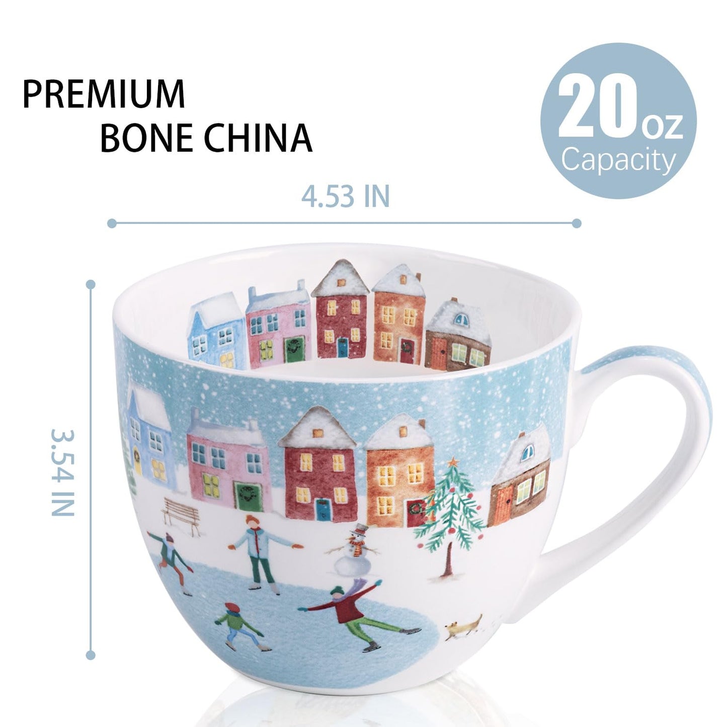 Christmas Skating Mug - 20 oz Bone China Winter Coffee Mugs with Snowy Village, Perfect Holiday and Christmas Gifts for Friends and Family - Designed in England by Harvest Green Studio