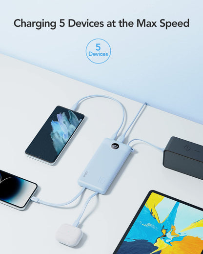 VRURC Portable Charger with Built in Cables, Slim Power Bank 10000mAh, USB C Battery Pack Travel Essential, 5 Outputs 2 Inputs Phone Charging Bank for iPhone 16 15 14 13,Samsung,Android-Black(1 Pack)