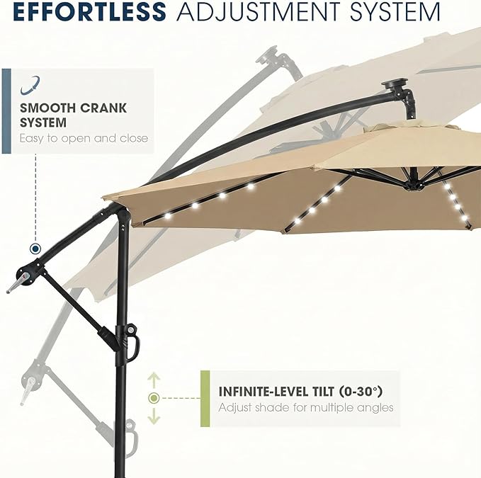 wikiwiki 10ft Solar LED Patio Umbrella with Base Included, Offset Umbrella with Weighted Sandbag Base, Cantilever Patio Umbrellas for Backyard, Garden & Deck, 32 LED Lights & Polyester Shade, Tan