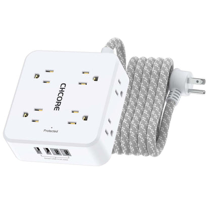 Surge Protector Power Strip - CHCORE 5Ft Braided Extension Cord with 8 Outlets with 4 USB (2 USB C) Charging Ports, Flat Plug Multi Plug Outlet Extender Charging Station for Home Office, ETL, White