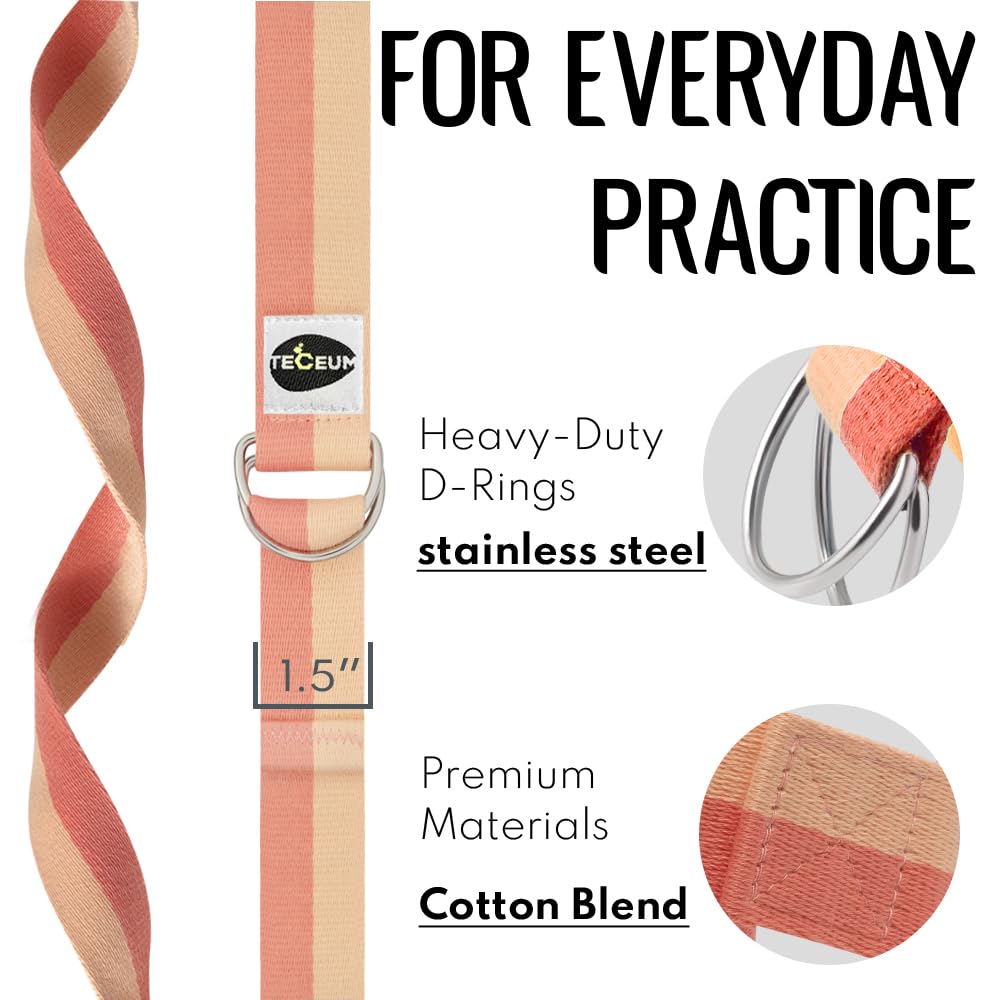 TECEUM Yoga Strap & Mat Strap – 2 in 1 – Cotton – 6 ft 8 ft 10 ft (30+ Colors) – Adjustable Non-Slip Belt for Yoga, Pilates, Stretching, Physical Therapy, Fitness & Home Workout – for Carrying Mats