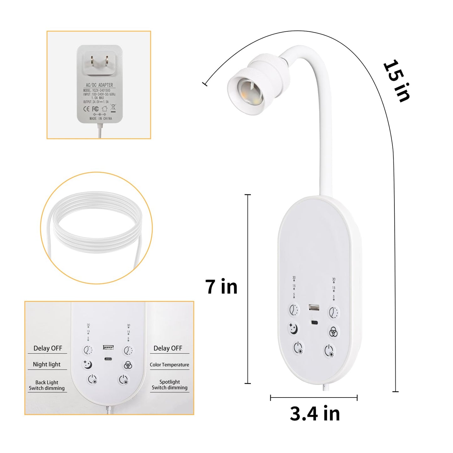 MOLUOLA LIGHTING LED Wall Mounted Reading Light for Bed, Book Light for Reading with Touch Control, Stepless Dimmable, Flexible Gooseneck Bed Light with USB C+A, Night Light & Timers Function (White)