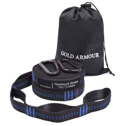 Gold Armour Hammock Straps XL, Camping Hammock Tree Straps Set (2 Straps, 2 Carabiners, Carrying Bag), 20 ft Long Combined, 36 Loops, Must Have Accessories & Gear (Black with Blue Stitching)