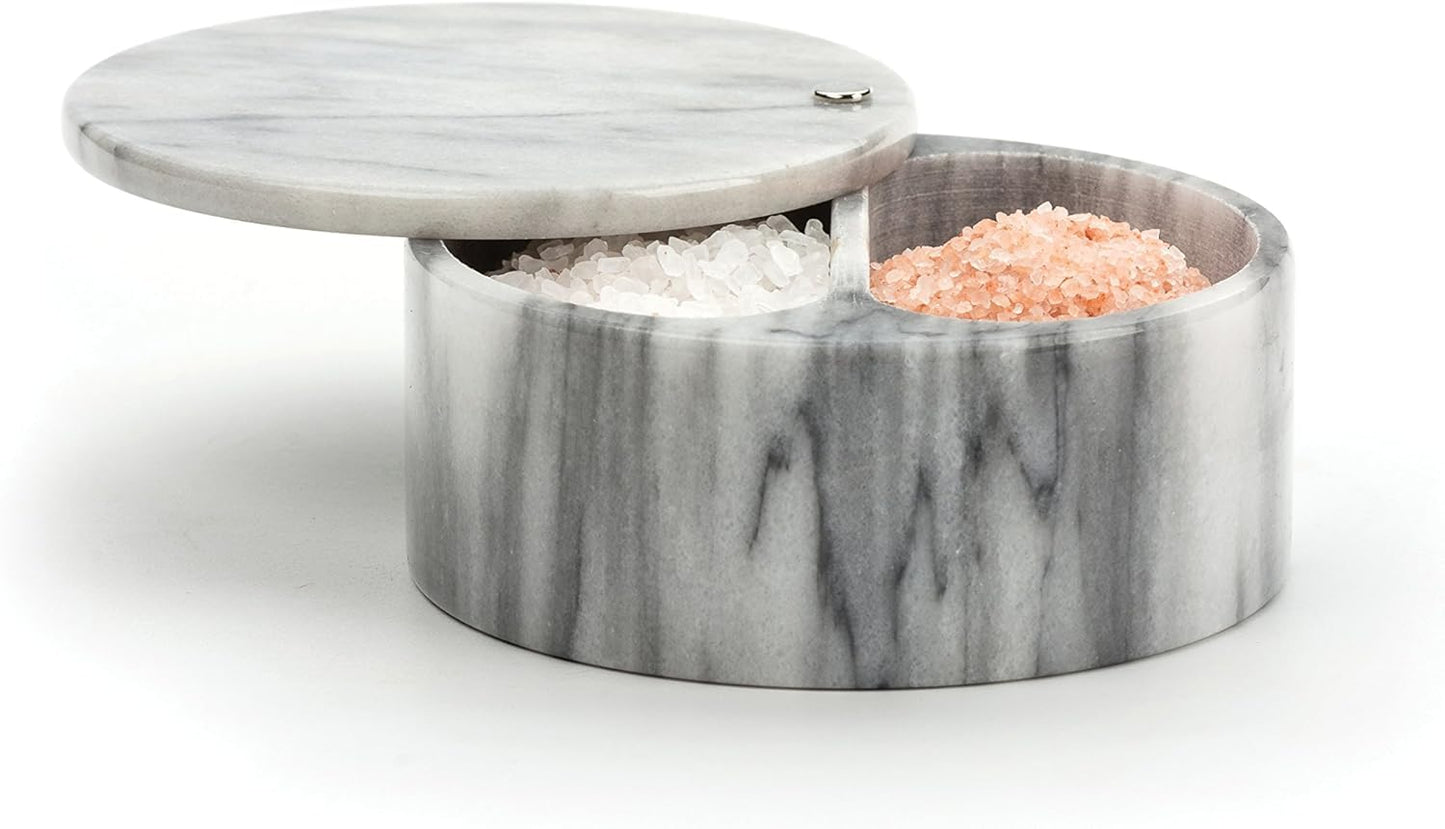 RSVP International Dual Compartment Box | Chic & Modern Herb Container | 10 Ounces Total | Swivel Top Protects Salts | Beautiful, Solid Marble, 5", White