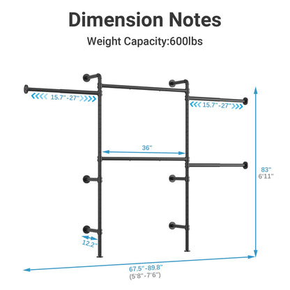 Timate P3 Wall Mounted Closet Organizer System with 5 Hanging Rods, Adjustable 5'8"–7'6", Heavy-Duty Modular Garment Rack, Space-Saving Closet Solution for Walk-in Closet, Bedroom & Small Spaces