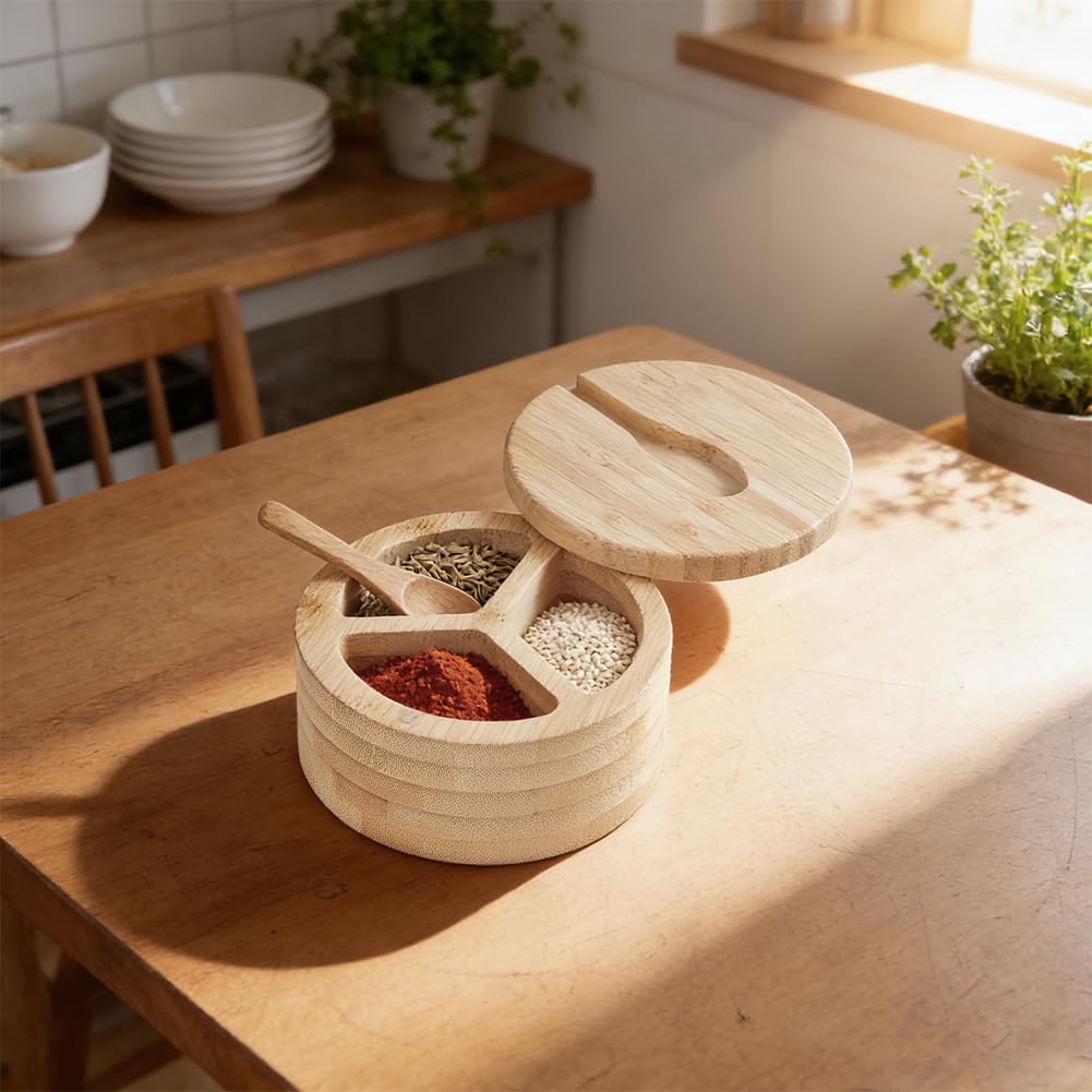 EVERJOYCRAFT 2pcs Wood Salt and Pepper Box 3 Compartment Salt Cellar with Swivel Lid and Built in Spoon for Countertop Spice Seasoning Condiment Jar Pepper Holder Bowl for Kitchen Storing Sugar Herbs