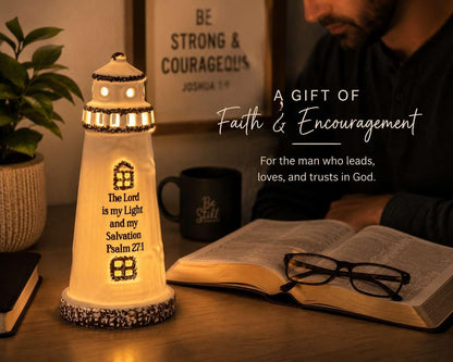 DAILYBREAD Christian Lighthouse Lamp for Men – Psalm 27:1 Scripture LED Lighthouse, Man of God Gift, Christian Gift for Husband, Father, Pastor, Faith-Based Desk Decor 8”H