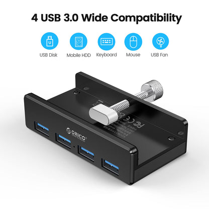 ORICO USB 3.0 Hub, USB Hub Clamp, Aluminum 4-Port USB Splitter with Extra Power Supply Port and 4.92 FT USB Data Cable, Desktop Powered USB Hub for Monitors/Desks-Black (Without Power Adapter)