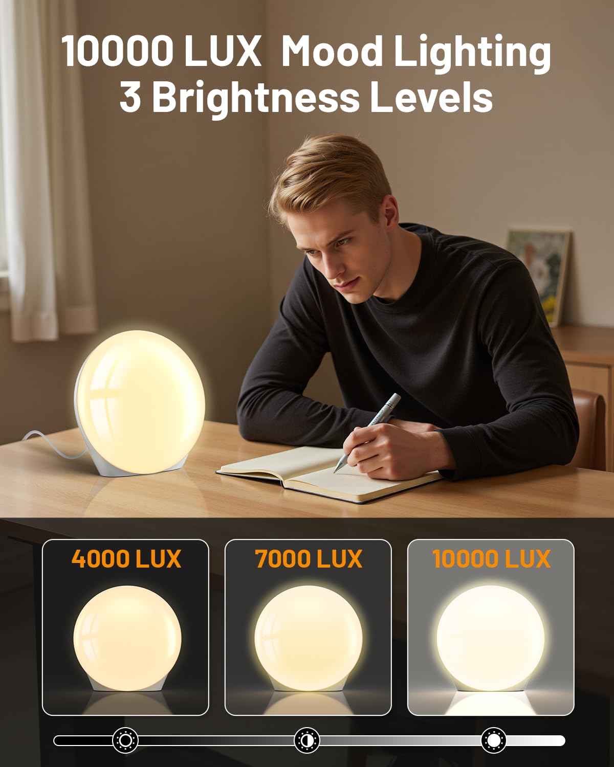 SUXIO Light Therapy Lamp - 10000 Lux Therapy Lights Lamp, 3 Timing & Mode Happy Lamp, Touch Control Sunlight Lamp with Memory Function, Portable Light Box Therapy Use As Lift Mood for Home,White