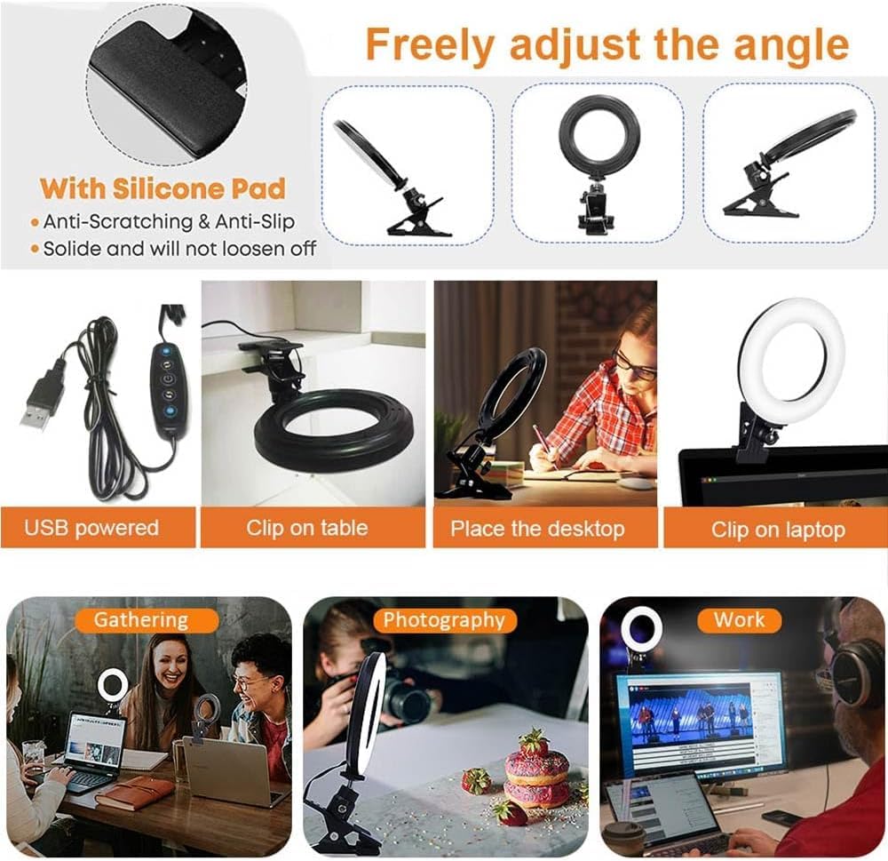 Ring Light Video Conference Lighting Kit 3200k-6500K Dimmable Led Clip on Computer Monitor Laptop Phone for Content Creator (YouTube/TikTok/Twitch) Makeup,Conference,Selfie,Video,Vlog (Black)