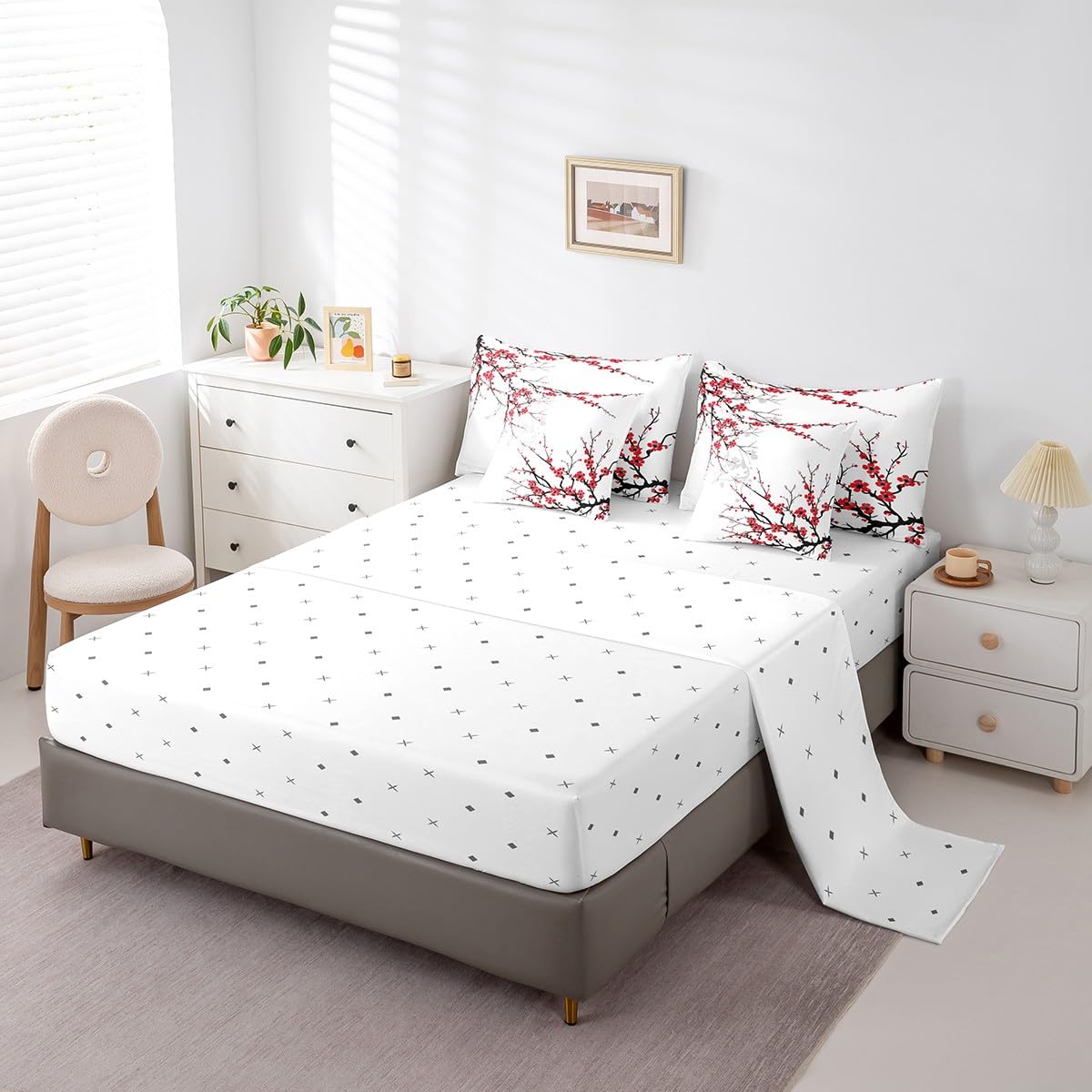 Erosebridal 7 Piece Red Cherry Blossoms Bed in a Bag for Adult Women Japanese-Style Sheet Set Nature Flower Bedding with Comforter Cherry Blossoms Romantic Theme Cushion Covers, Full Size