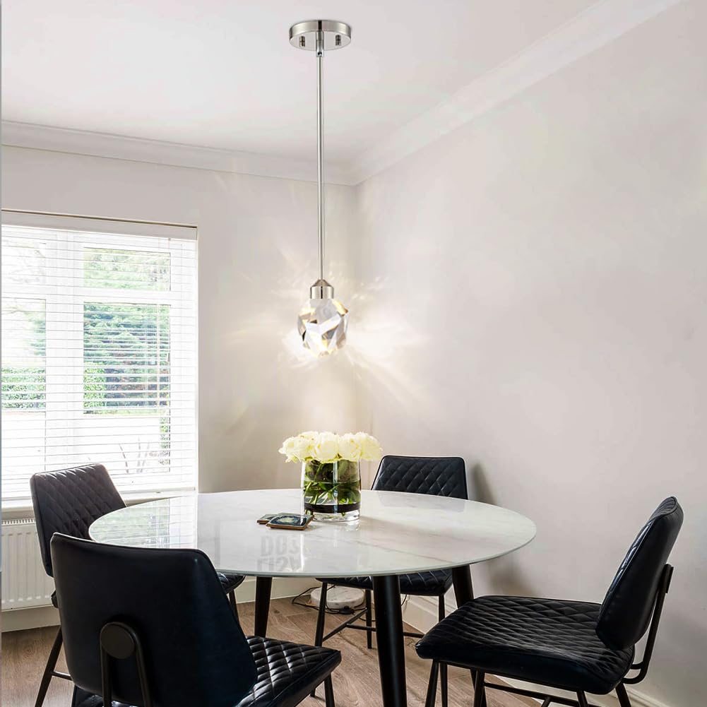 Untrammelife Modern Crystal Pendant Light Polished Nickel Small Pendant Light Fixtures 8W LED Hanging Chandelier for Bathroom Bedroom Kitchen 3 Color Temperature Adjustable 3000K-4000K-5000K