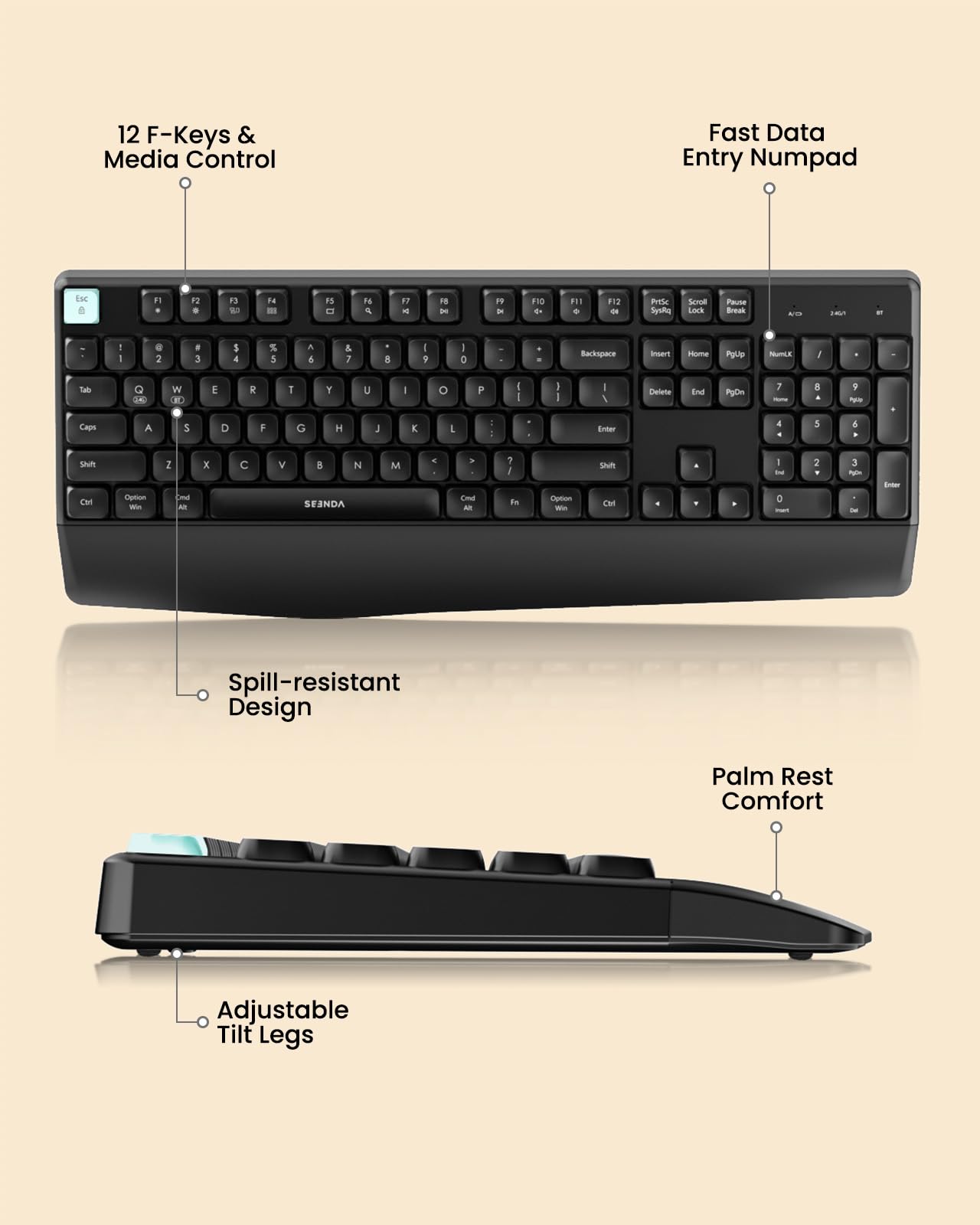 seenda Bluetooth Keyboard and Mouse, COE200 USB + Bluetooth Multi Device, Ergonomic Keyboard Mouse Set, Full-Size Wireless Combo Compatible for Mac OS/Windows PCs Computers Laptops MacBooks - Black