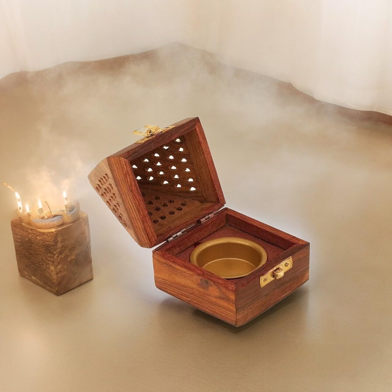 Luvikka's Handmade Wooden Pyramid Incense Holder, Natural Wood Ash Catcher with Brass Latch, 5 Inch Cone Burner for Aromatherapy Meditation Yoga