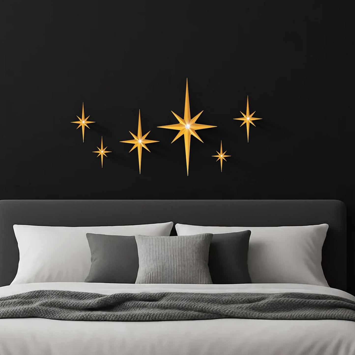 BreezeHug 6 Pcs Mid Century Modern Home Decor Star Art Wall Sculpture with Rhinestone Retro 3D Plastic Star Art Wall Sculpture Bling Diamonds Decor for Home Office Bedroom Entryway(Gold)