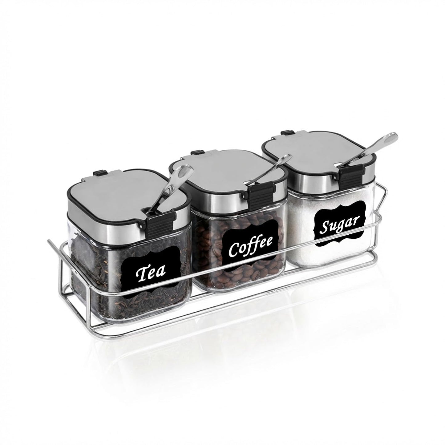 Aelga Glass Sugar Canister Set with Lid, Spoons and Rack, 3 Pack Sugar Container for Coffee Bar, Stainless Steel Flip-Top Lid, Salt and Spice Jar for Kitchen Countertop, Coffee Bar Accessories