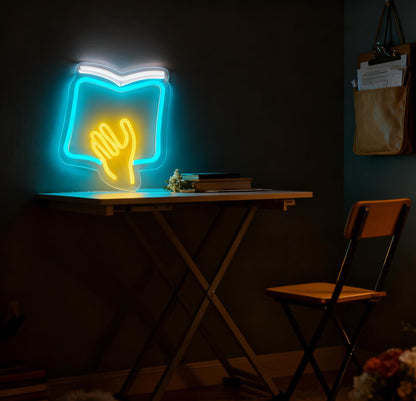 Reading Theme LED Neon Sign, Book with Hand Shape Neon Light, Library Study Room Home Bedroom Wall Table Decor, USB Powered Dimmable Decorative Light 9.8 x 8.5 In