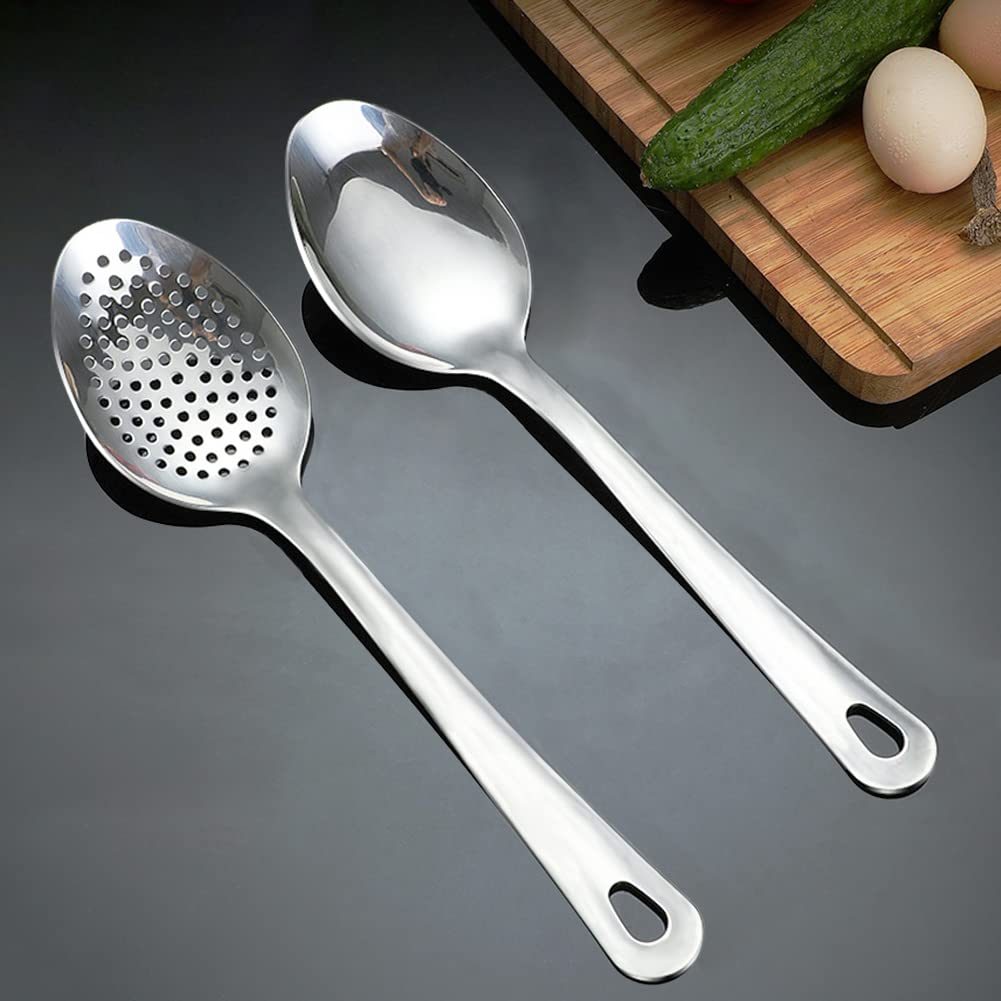IOCBYHZ Cooking Spoon Set, 2Pcs 14.7" Stainless Steel Large Serving Spoons, Solid & Slotted Spoons for Restaurant, Metal Kitchen Utensils