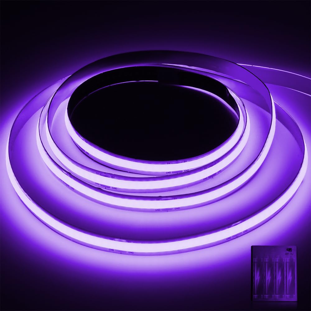 Smacen Battery Powered COB Led Strip Lights, 4.92Ft Battery Operated Purple LED Strip Light, High Brightness Flexible LED Tape Lights for TV, Cabinet, Glow Party, Halloween, Home DIY Decoration