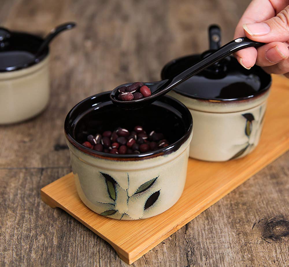 Ceramic Retro Flower Sugar Bowl Storage Jar Seasoning Pot with Spoon