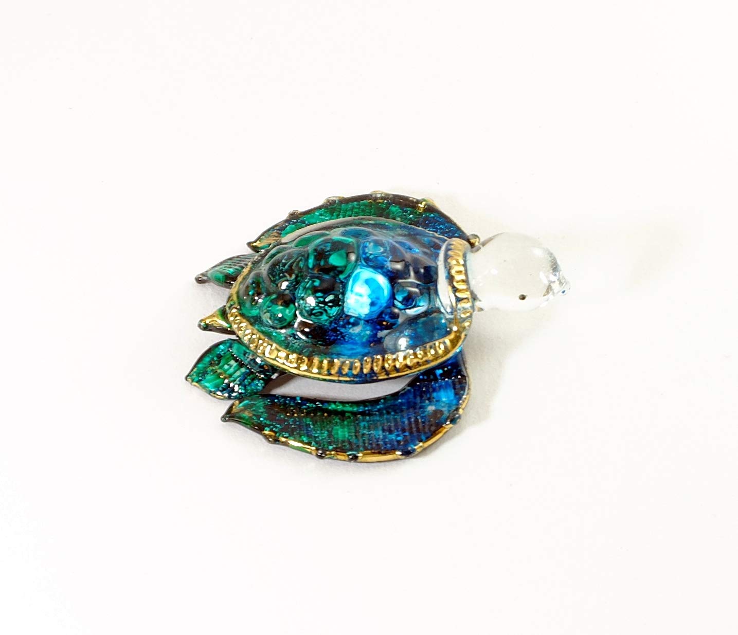 Handmade Mini 2" Blown Glass Sea Turtle Figurine Art, Cool Stuff, Miniature Animals, Home or Garden Decor Gift Ideas (Ocean Blue with 22k Gold Accents)