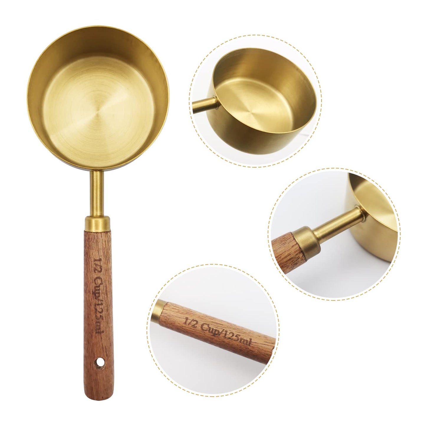 Zalaxt Gold Measuring Cups and Spoons Set with Fragrant Wood Handle, Measuring Cups, Metal Measuring Spoons and Measuring Cup Set for Cooking & Baking, Set of 8 pcs