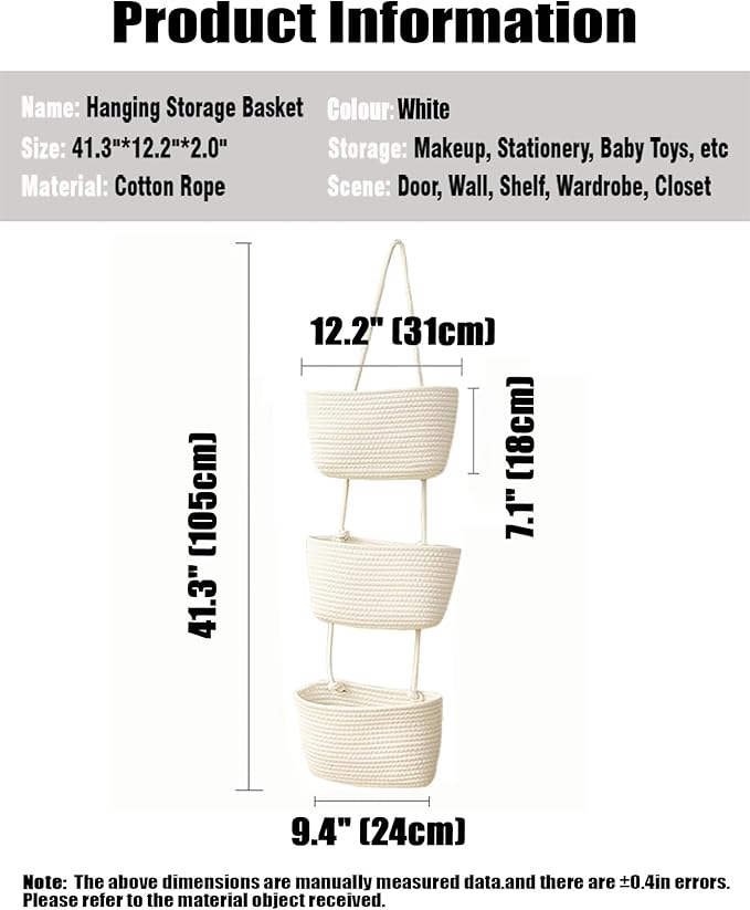 AARAINBOW Wall Hanging Cotton Baskets, Large 3 Tier Decorative Basket
