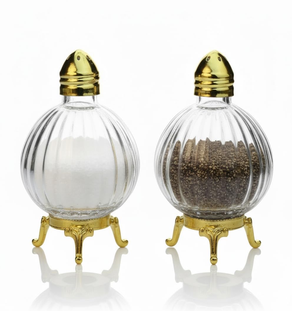 Decorative Glass Salt and Pepper Shakers, Globe Design, Gold-Silver Tone Metal Stand, Set of 2 (Gold)
