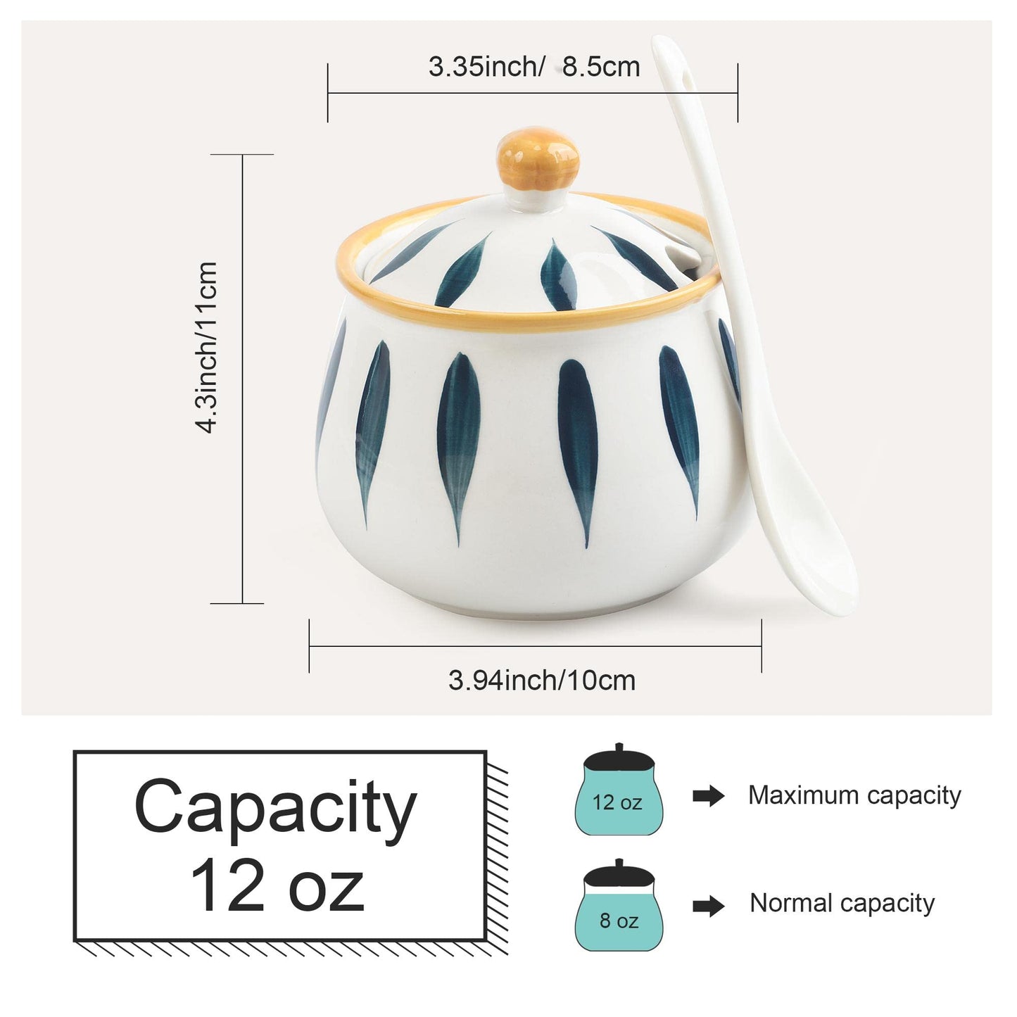 mehrido Porcelain Sugar Bowl with Lid and Spoon, 12 Ounce Ceramic Sugar Jars for Kitchen and Home, Farmhouse Sugar Container for Coffee Bar, Sugar Container Dishwasher Safe